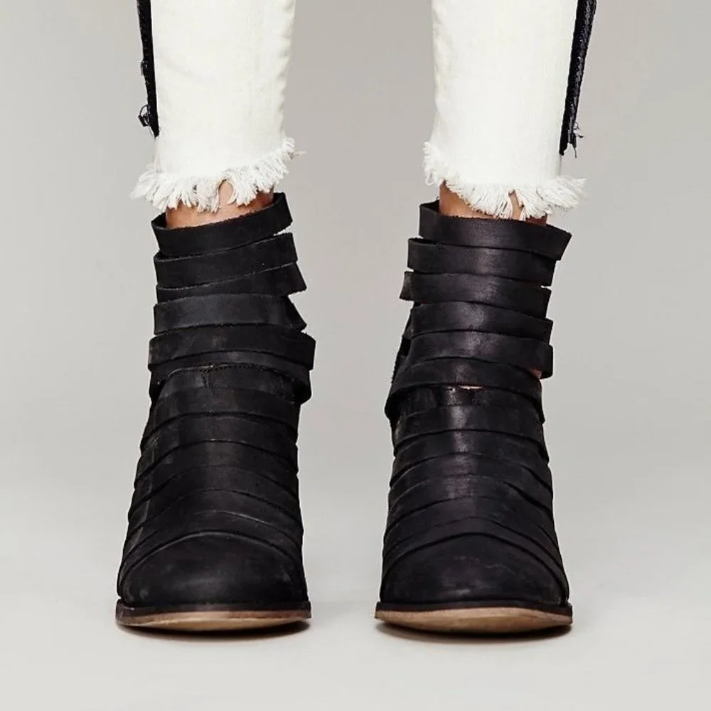 Free People New Boots HYBRID Strappy Suede Leather Booties NIB BLACK Women's 10